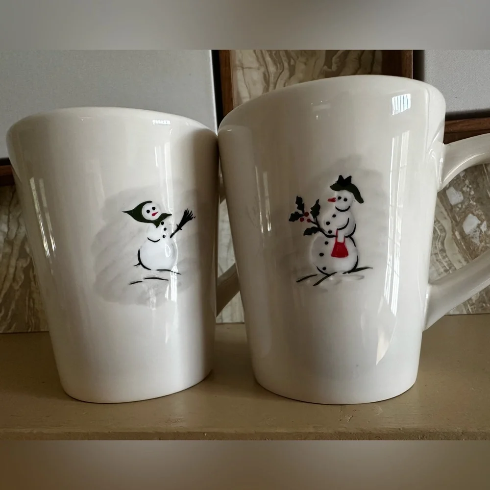 Williams Sonoma Set Of 2 Snowman Christmas Mugs 2003 Vintage Holiday Winter
